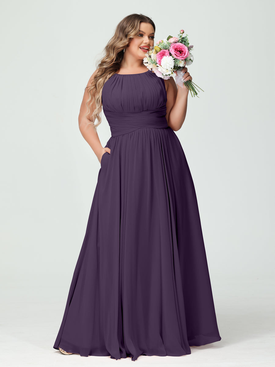 A-Line/Princess Spaghetti Straps Sleeveless Chiffon Ruched Plus Size Bridesmaid Dresses with Pockets Grape