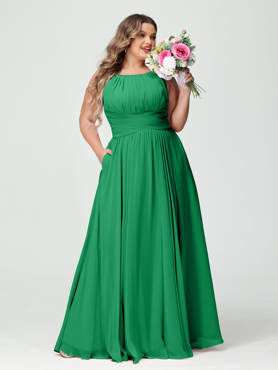 A-Line/Princess Spaghetti Straps Sleeveless Chiffon Ruched Plus Size Bridesmaid Dresses with Pockets Green