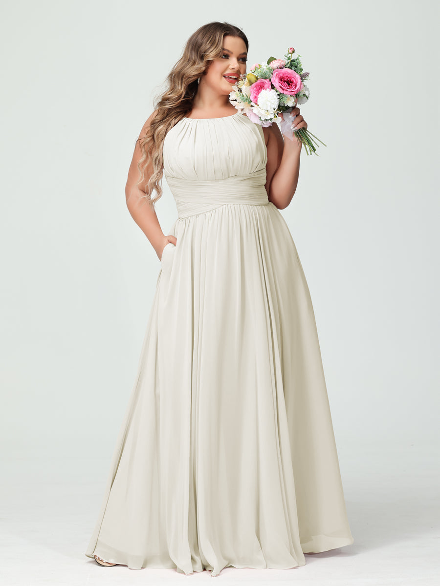 A-Line/Princess Spaghetti Straps Sleeveless Chiffon Ruched Plus Size Bridesmaid Dresses with Pockets Ivory