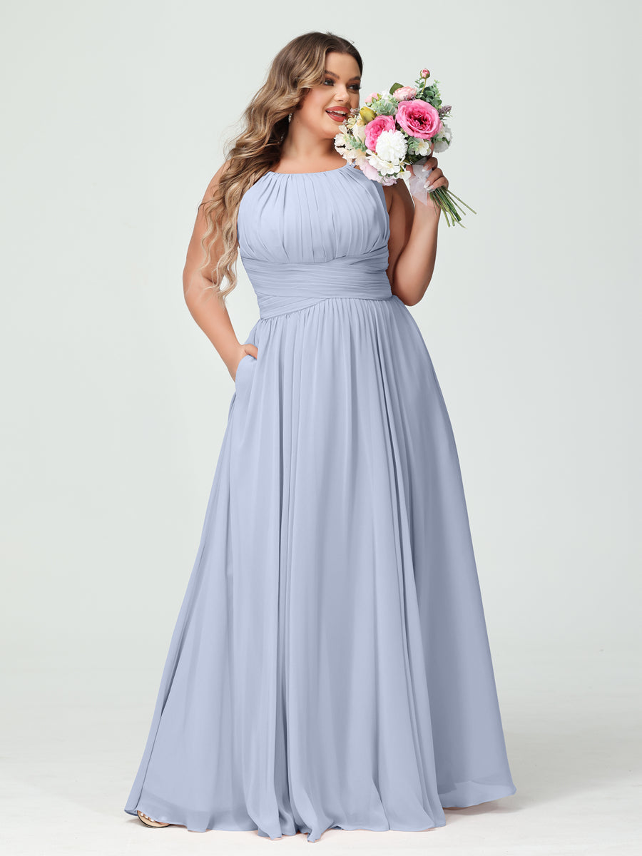 A-Line/Princess Spaghetti Straps Sleeveless Chiffon Ruched Plus Size Bridesmaid Dresses with Pockets Lavender