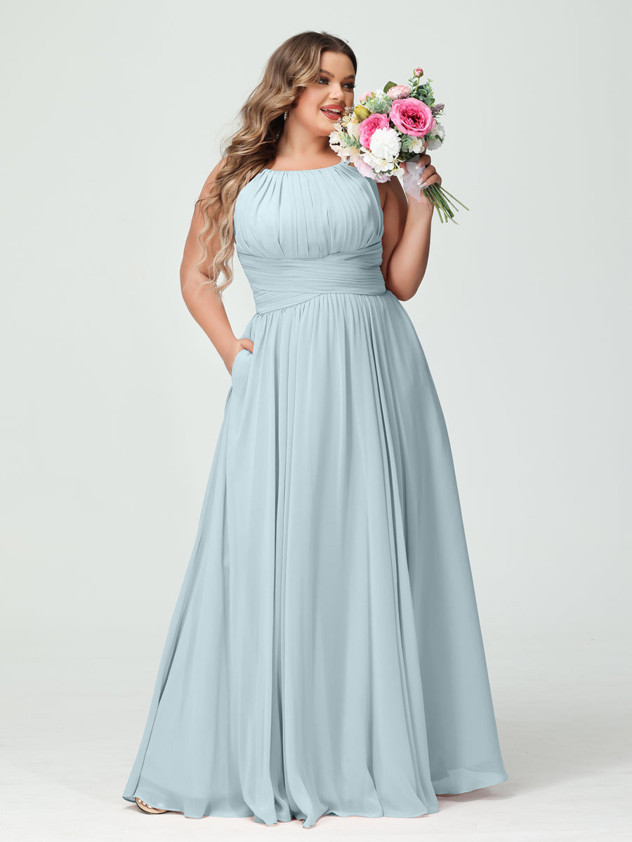 A-Line/Princess Spaghetti Straps Sleeveless Chiffon Ruched Plus Size Bridesmaid Dresses with Pockets Light Blue