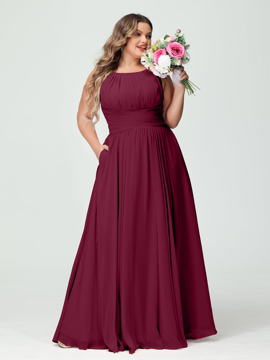 A-Line/Princess Spaghetti Straps Sleeveless Chiffon Ruched Plus Size Bridesmaid Dresses with Pockets Light Burgundy