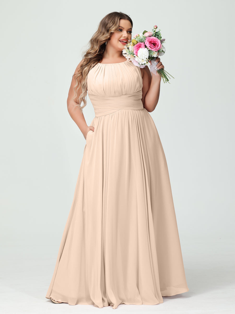 A-Line/Princess Spaghetti Straps Sleeveless Chiffon Ruched Plus Size Bridesmaid Dresses with Pockets Light Champagne