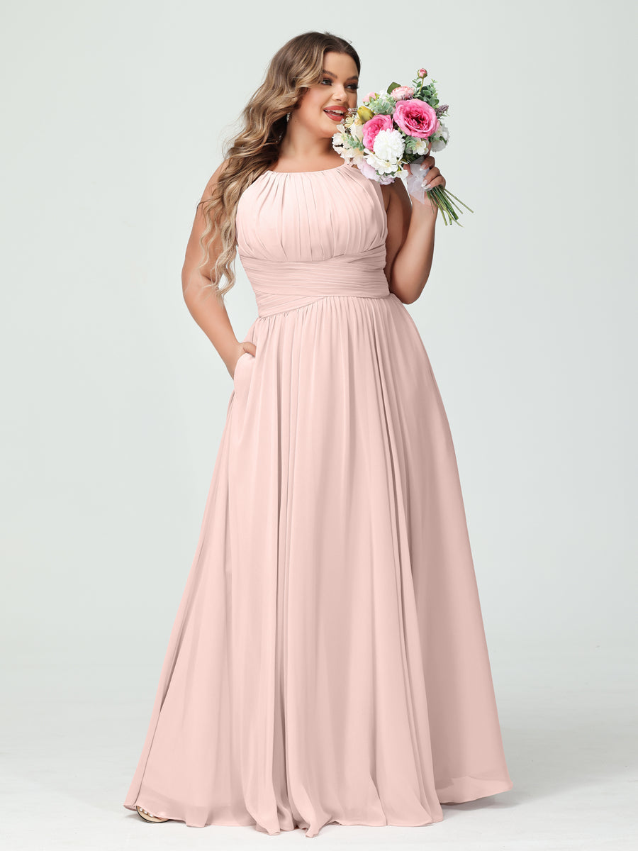 A-Line/Princess Spaghetti Straps Sleeveless Chiffon Ruched Plus Size Bridesmaid Dresses with Pockets Light Pink