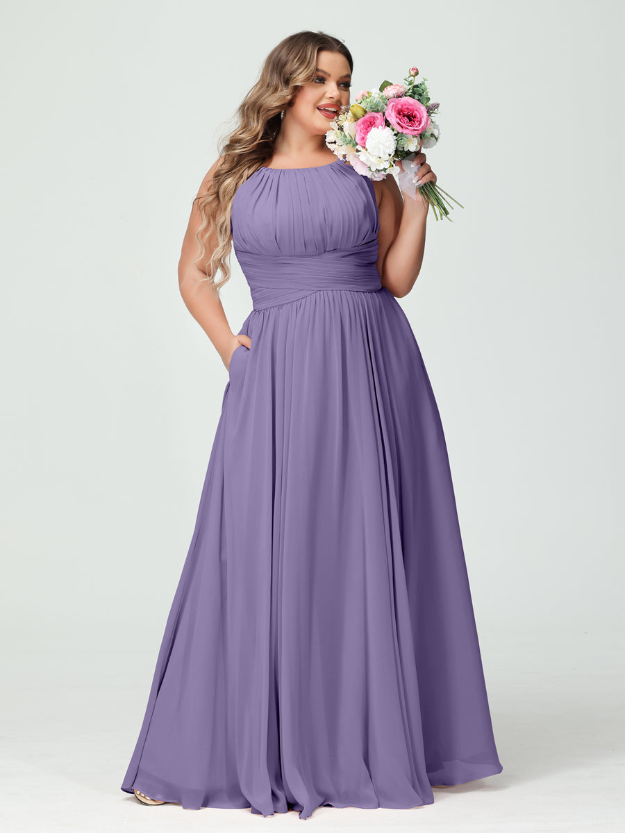 A-Line/Princess Spaghetti Straps Sleeveless Chiffon Ruched Plus Size Bridesmaid Dresses with Pockets Light Purple