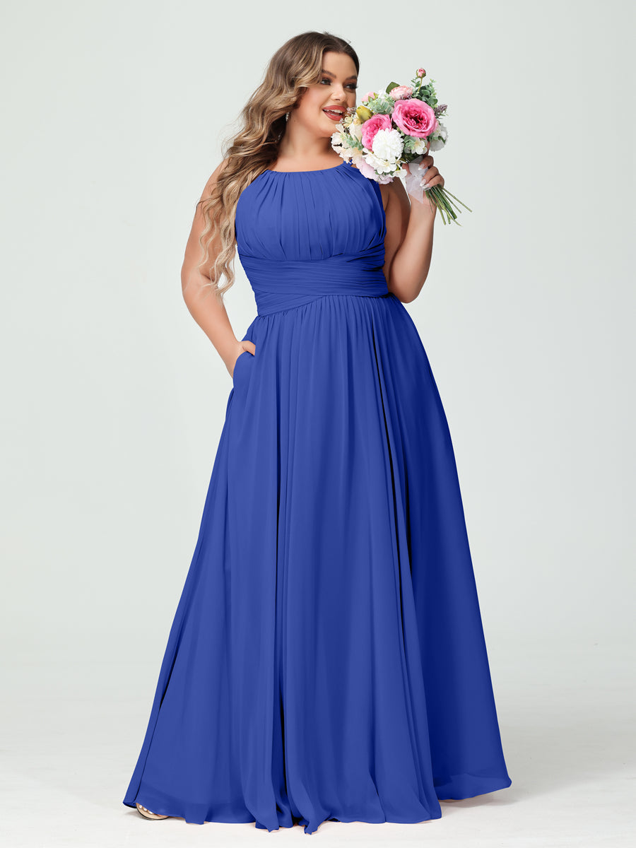 A-Line/Princess Spaghetti Straps Sleeveless Chiffon Ruched Plus Size Bridesmaid Dresses with Pockets Light Royal Blue