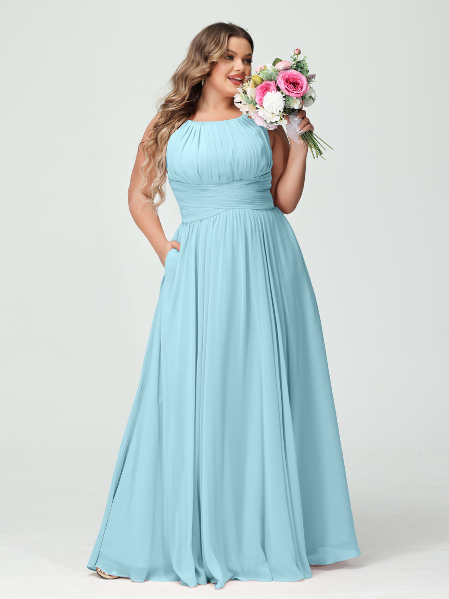 A-Line/Princess Spaghetti Straps Sleeveless Chiffon Ruched Plus Size Bridesmaid Dresses with Pockets Light Sky Blue