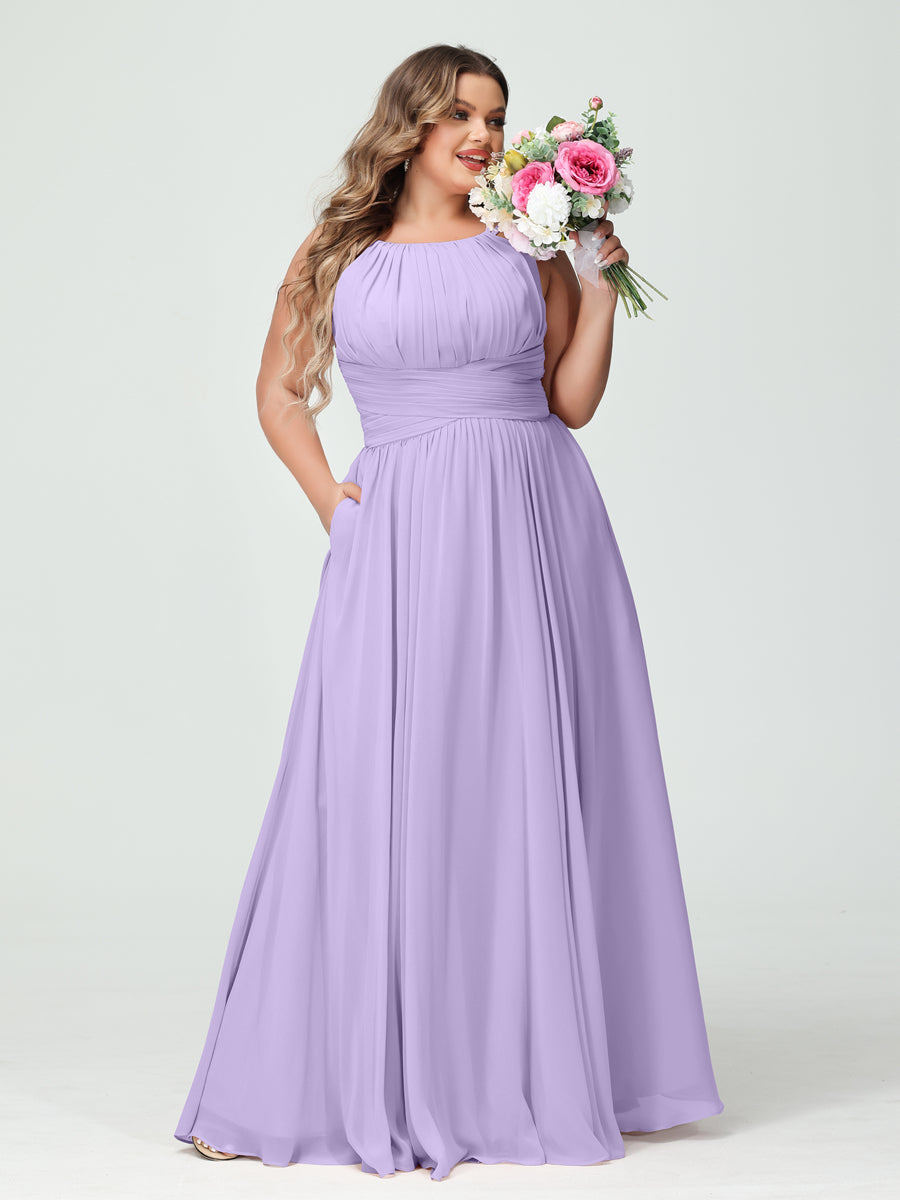 A-Line/Princess Spaghetti Straps Sleeveless Chiffon Ruched Plus Size Bridesmaid Dresses with Pockets Lilac