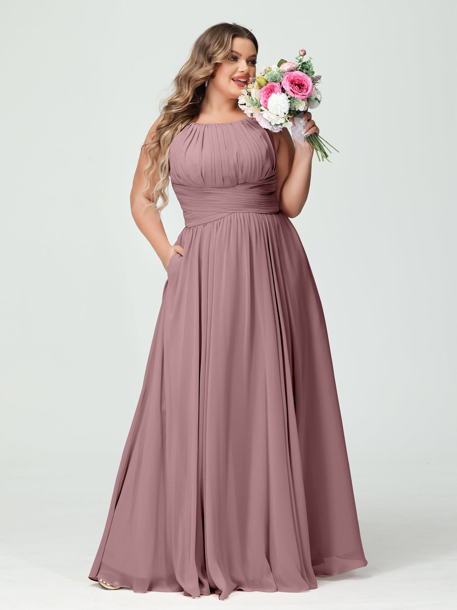 A-Line/Princess Spaghetti Straps Sleeveless Chiffon Ruched Plus Size Bridesmaid Dresses with Pockets Mauve
