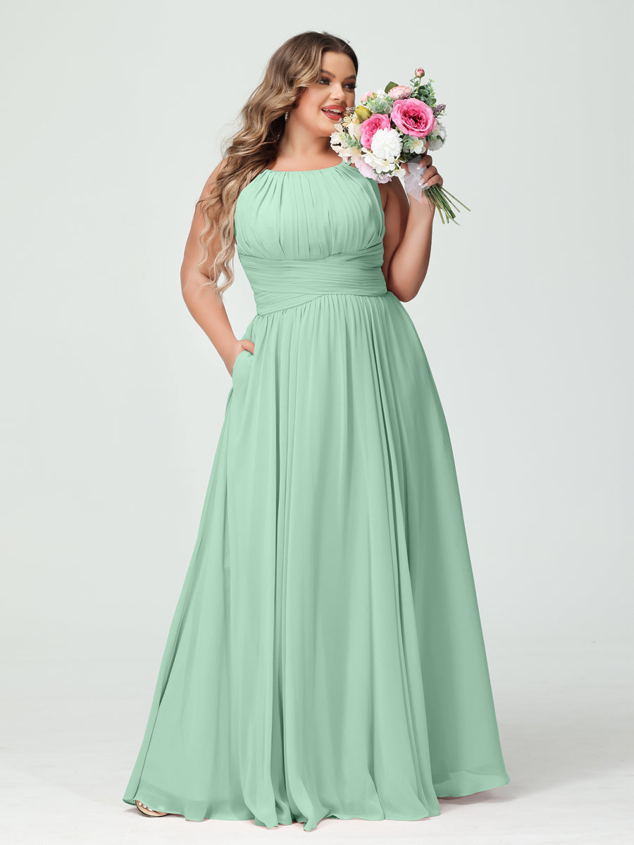 A-Line/Princess Spaghetti Straps Sleeveless Chiffon Ruched Plus Size Bridesmaid Dresses with Pockets Mint Green