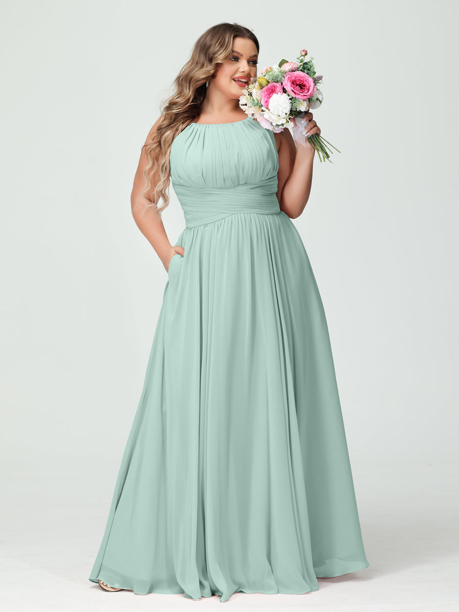 A-Line/Princess Spaghetti Straps Sleeveless Chiffon Ruched Plus Size Bridesmaid Dresses with Pockets Mist Blue