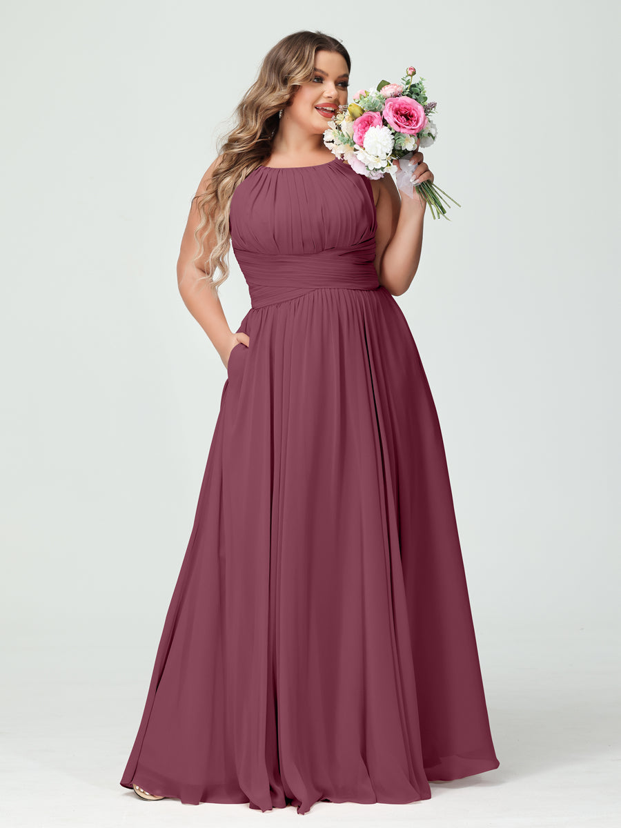 A-Line/Princess Spaghetti Straps Sleeveless Chiffon Ruched Plus Size Bridesmaid Dresses with Pockets Mulberry