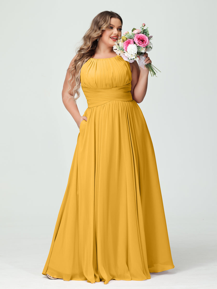 A-Line/Princess Spaghetti Straps Sleeveless Chiffon Ruched Plus Size Bridesmaid Dresses with Pockets Mustard Yellow