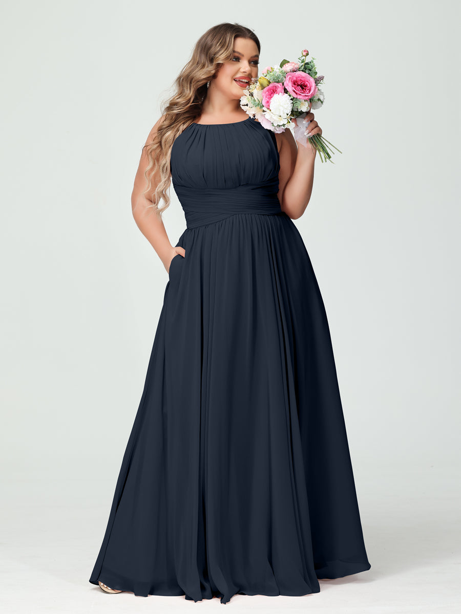A-Line/Princess Spaghetti Straps Sleeveless Chiffon Ruched Plus Size Bridesmaid Dresses with Pockets Navy Blue