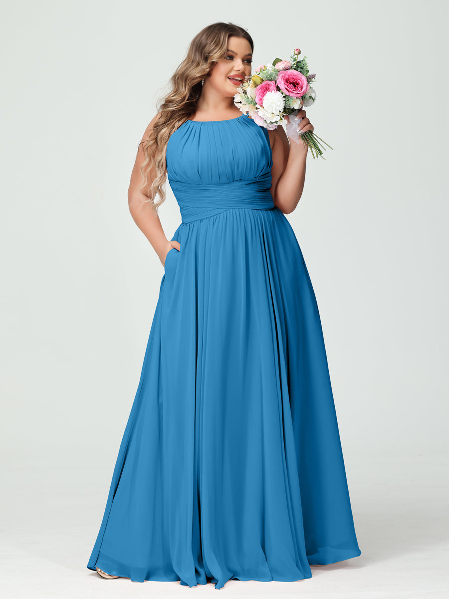 A-Line/Princess Spaghetti Straps Sleeveless Chiffon Ruched Plus Size Bridesmaid Dresses with Pockets Ocean Blue