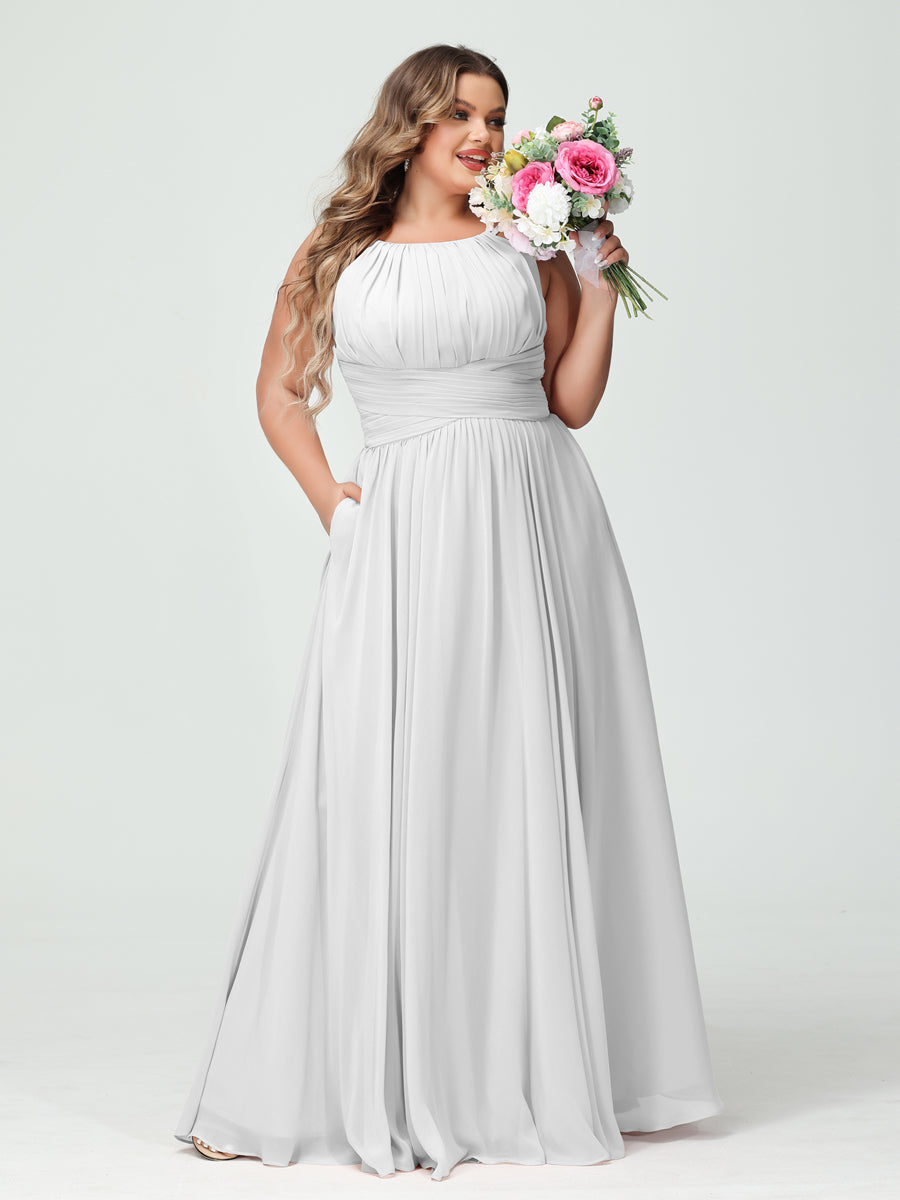 A-Line/Princess Spaghetti Straps Sleeveless Chiffon Ruched Plus Size Bridesmaid Dresses with Pockets Off White