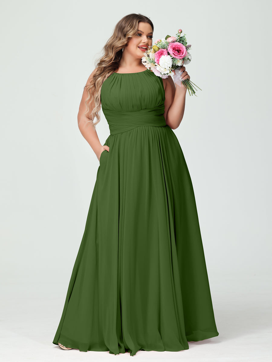 A-Line/Princess Spaghetti Straps Sleeveless Chiffon Ruched Plus Size Bridesmaid Dresses with Pockets Olive Green