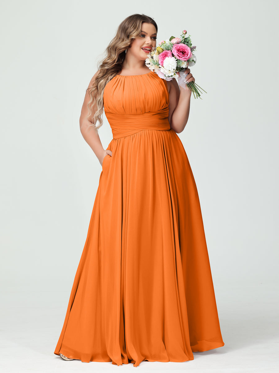 A-Line/Princess Spaghetti Straps Sleeveless Chiffon Ruched Plus Size Bridesmaid Dresses with Pockets Orange
