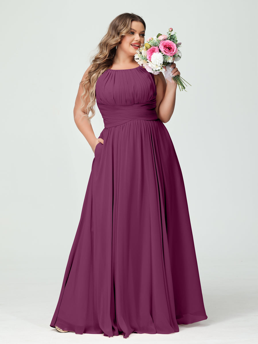 A-Line/Princess Spaghetti Straps Sleeveless Chiffon Ruched Plus Size Bridesmaid Dresses with Pockets Orchid