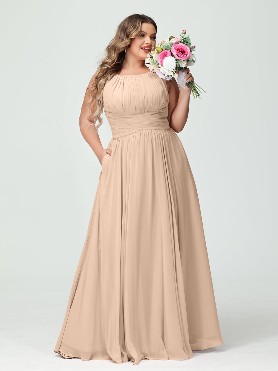 A-Line/Princess Spaghetti Straps Sleeveless Chiffon Ruched Plus Size Bridesmaid Dresses with Pockets Peach Pink