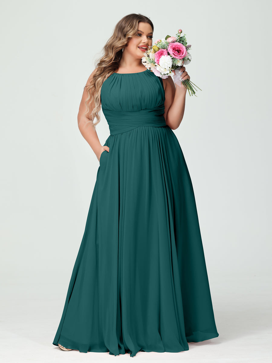 A-Line/Princess Spaghetti Straps Sleeveless Chiffon Ruched Plus Size Bridesmaid Dresses with Pockets Peacock