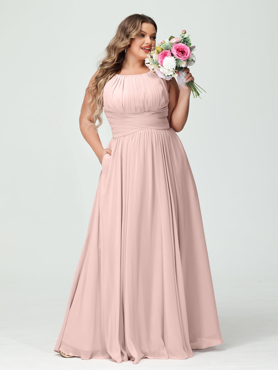 A-Line/Princess Spaghetti Straps Sleeveless Chiffon Ruched Plus Size Bridesmaid Dresses with Pockets Pearl Pink