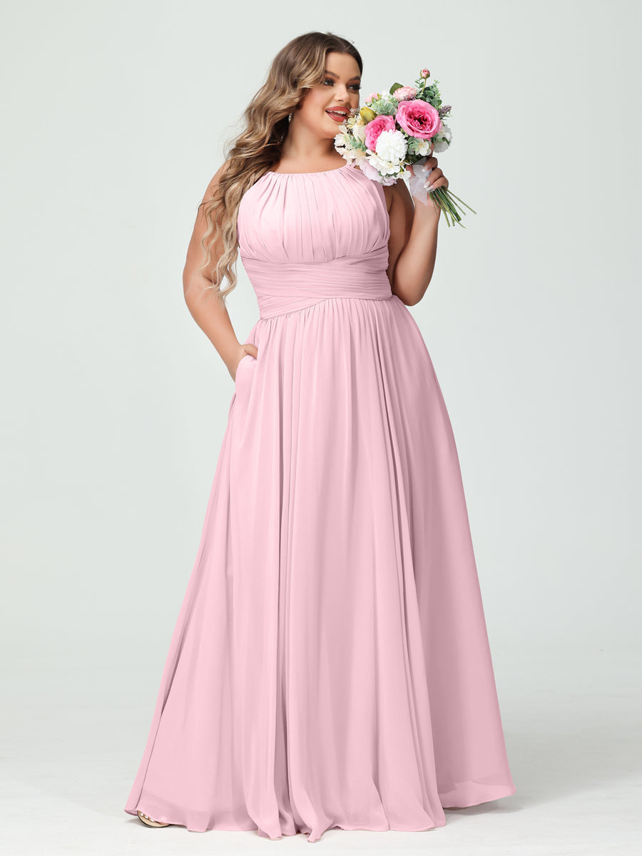 A-Line/Princess Spaghetti Straps Sleeveless Chiffon Ruched Plus Size Bridesmaid Dresses with Pockets Pink