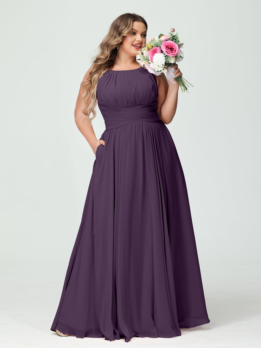 A-Line/Princess Spaghetti Straps Sleeveless Chiffon Ruched Plus Size Bridesmaid Dresses with Pockets Plum