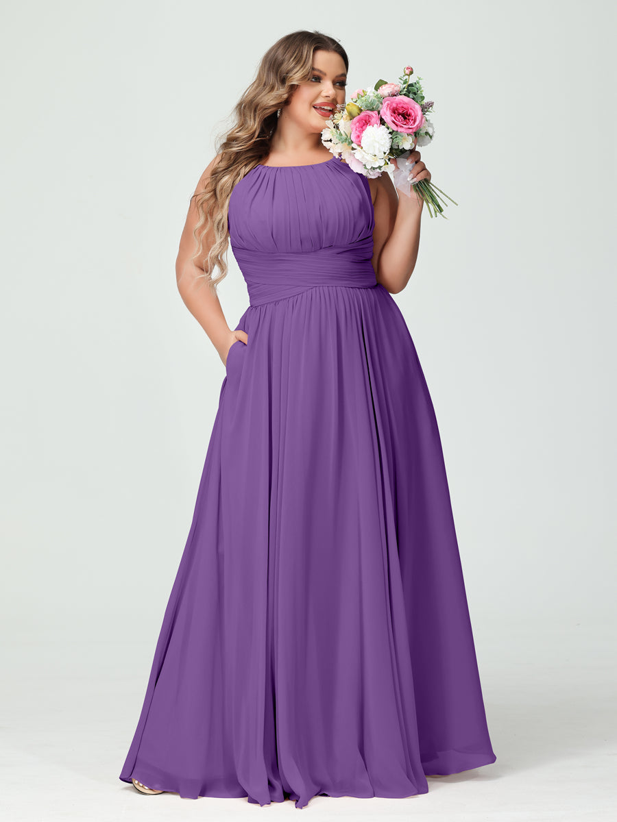 A-Line/Princess Spaghetti Straps Sleeveless Chiffon Ruched Plus Size Bridesmaid Dresses with Pockets Purple