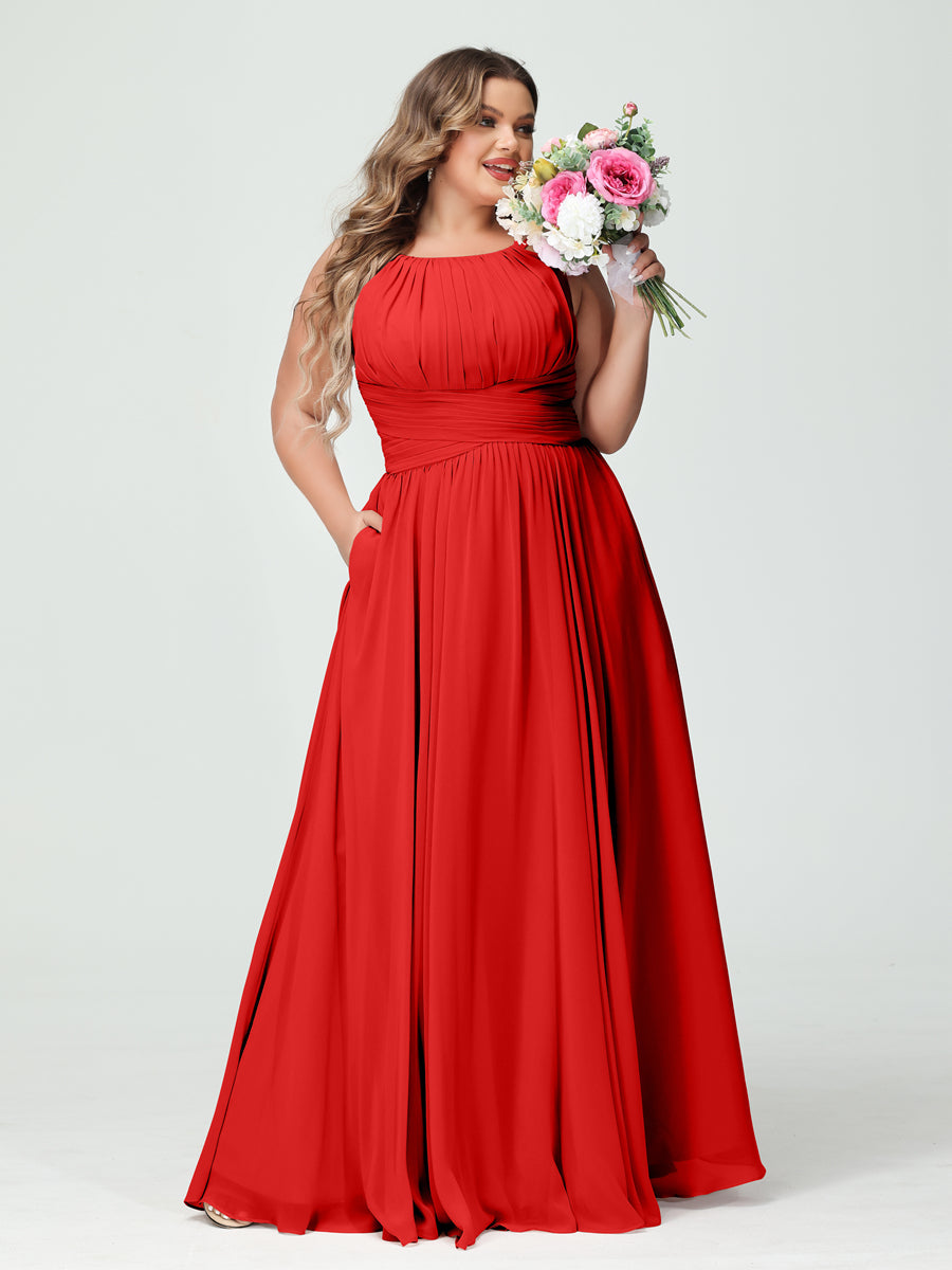 A-Line/Princess Spaghetti Straps Sleeveless Chiffon Ruched Plus Size Bridesmaid Dresses with Pockets Red