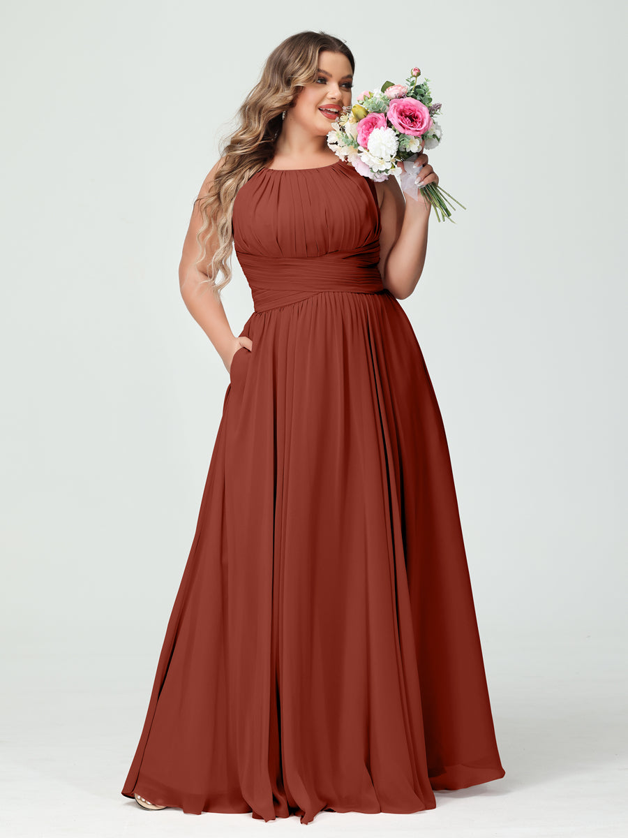 A-Line/Princess Spaghetti Straps Sleeveless Chiffon Ruched Plus Size Bridesmaid Dresses with Pockets Rust