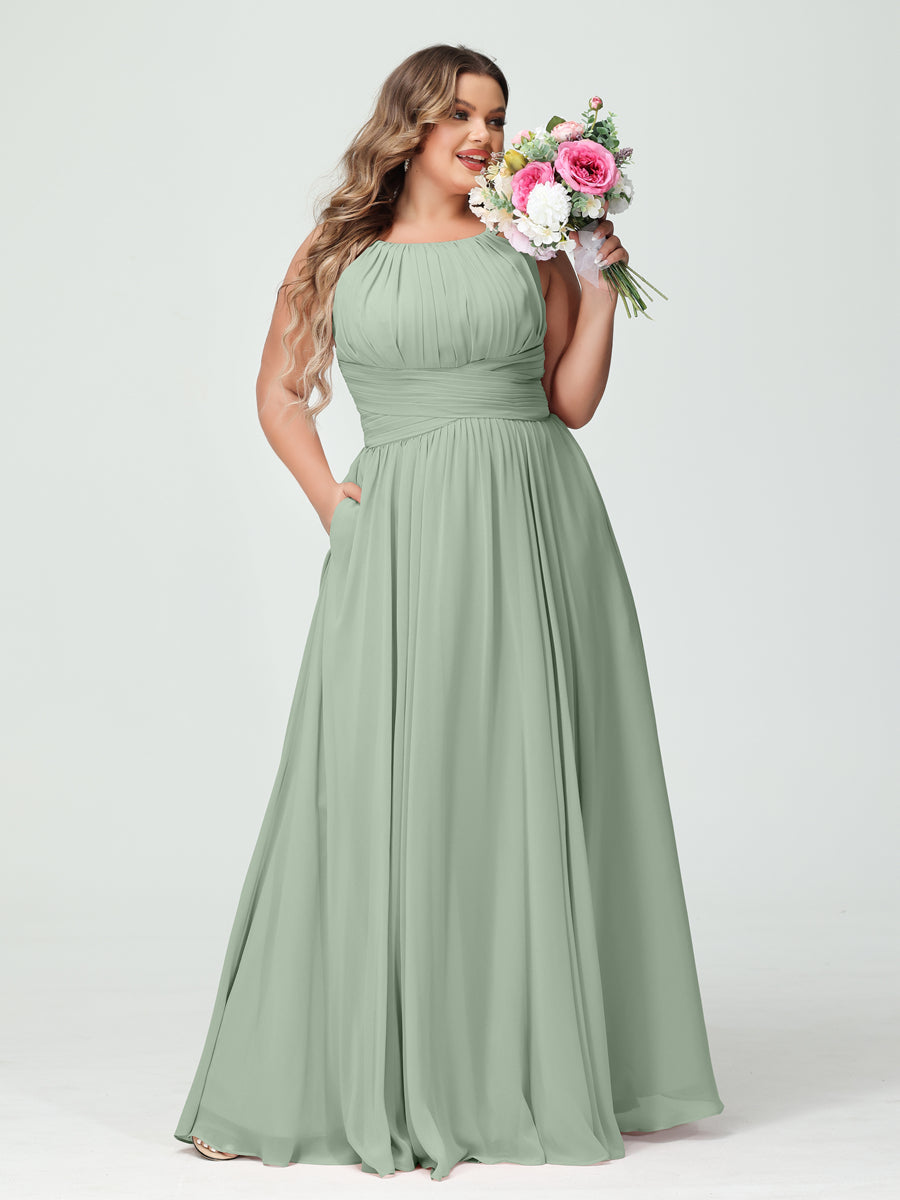 A-Line/Princess Spaghetti Straps Sleeveless Chiffon Ruched Plus Size Bridesmaid Dresses with Pockets Sage