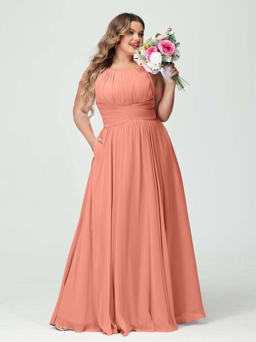 A-Line/Princess Spaghetti Straps Sleeveless Chiffon Ruched Plus Size Bridesmaid Dresses with Pockets Salmon