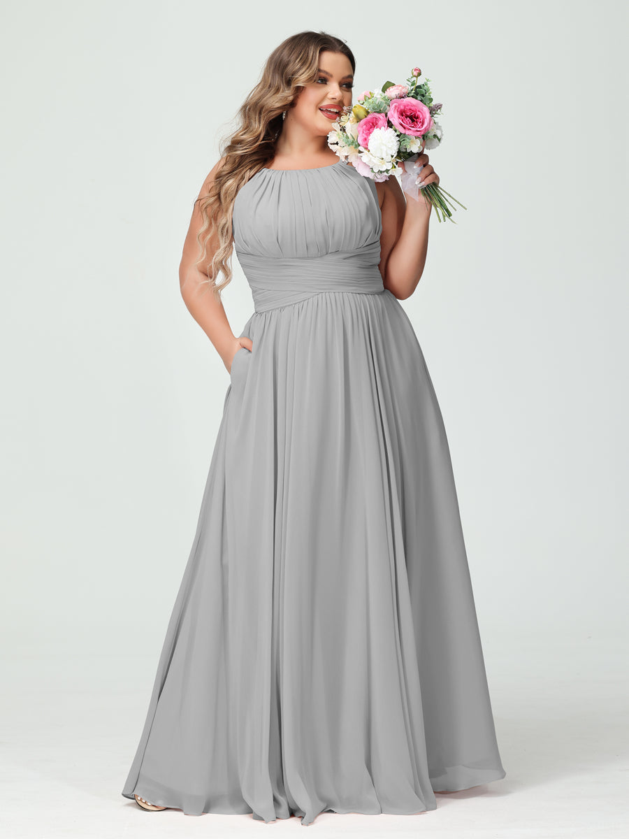A-Line/Princess Spaghetti Straps Sleeveless Chiffon Ruched Plus Size Bridesmaid Dresses with Pockets Silver