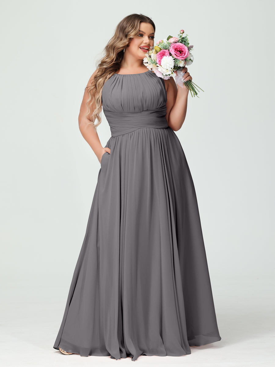 A-Line/Princess Spaghetti Straps Sleeveless Chiffon Ruched Plus Size Bridesmaid Dresses with Pockets Silver Gray