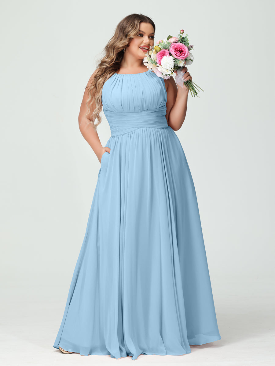 A-Line/Princess Spaghetti Straps Sleeveless Chiffon Ruched Plus Size Bridesmaid Dresses with Pockets Sky Blue