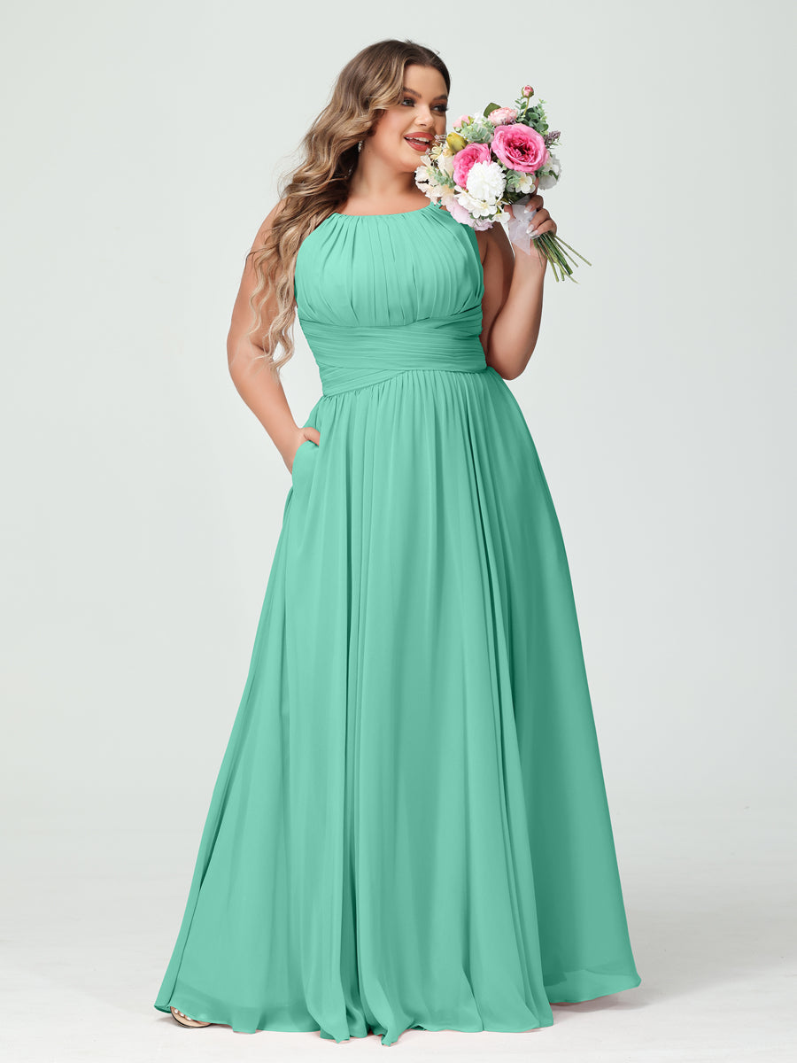 A-Line/Princess Spaghetti Straps Sleeveless Chiffon Ruched Plus Size Bridesmaid Dresses with Pockets Spa