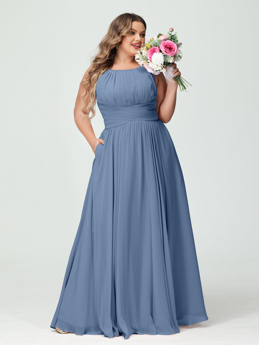 A-Line/Princess Spaghetti Straps Sleeveless Chiffon Ruched Plus Size Bridesmaid Dresses with Pockets Steel Blue