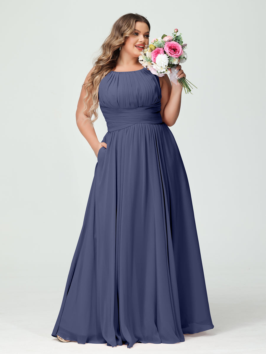 A-Line/Princess Spaghetti Straps Sleeveless Chiffon Ruched Plus Size Bridesmaid Dresses with Pockets Stormy Blue