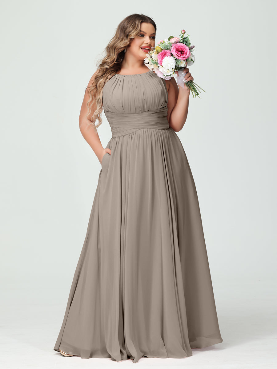 A-Line/Princess Spaghetti Straps Sleeveless Chiffon Ruched Plus Size Bridesmaid Dresses with Pockets Taupe