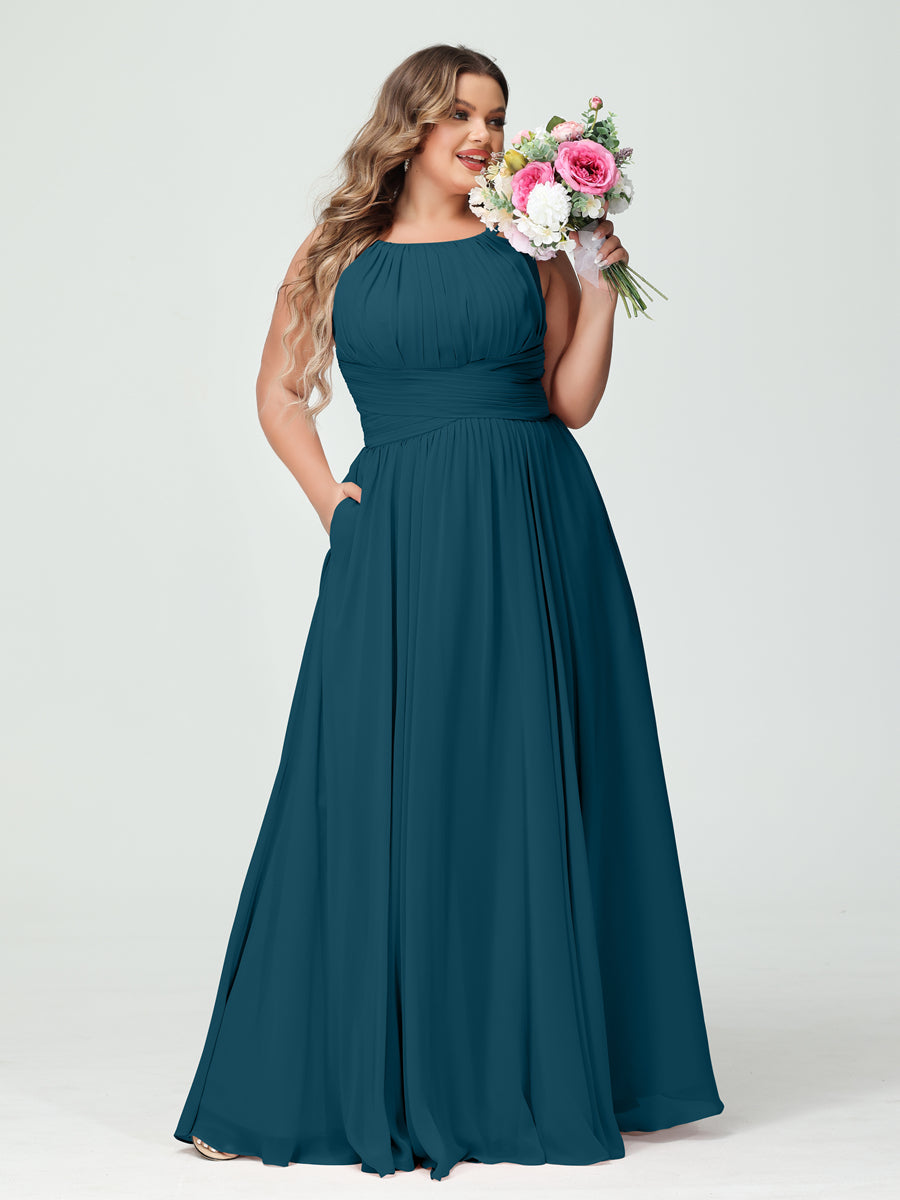 A-Line/Princess Spaghetti Straps Sleeveless Chiffon Ruched Plus Size Bridesmaid Dresses with Pockets Teal