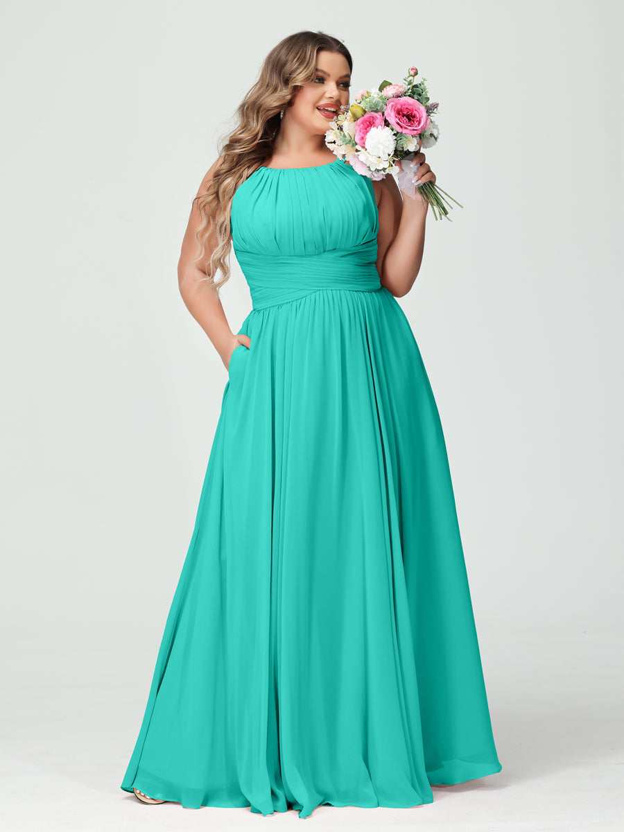 A-Line/Princess Spaghetti Straps Sleeveless Chiffon Ruched Plus Size Bridesmaid Dresses with Pockets Turquoise