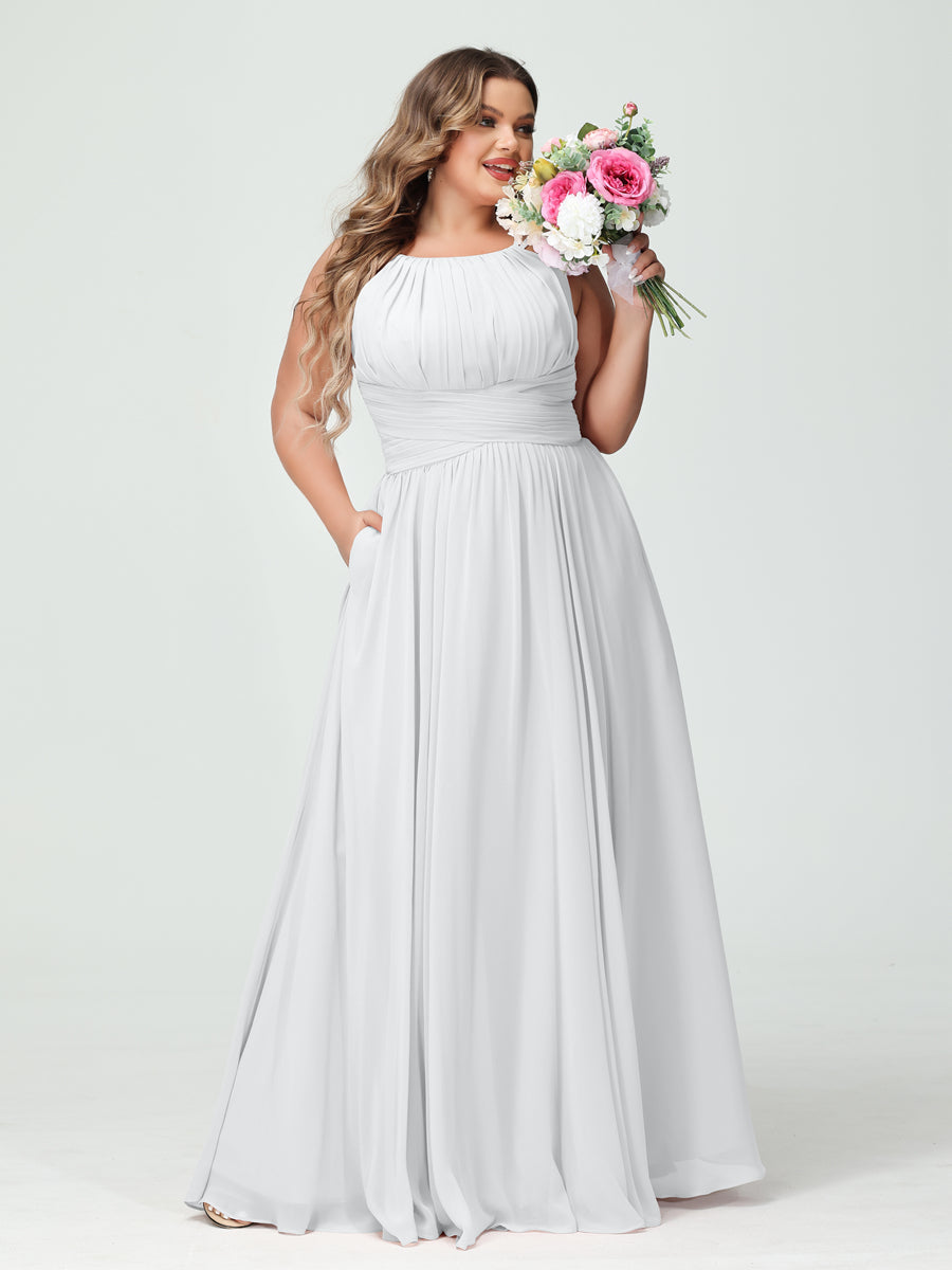 A-Line/Princess Spaghetti Straps Sleeveless Chiffon Ruched Plus Size Bridesmaid Dresses with Pockets White