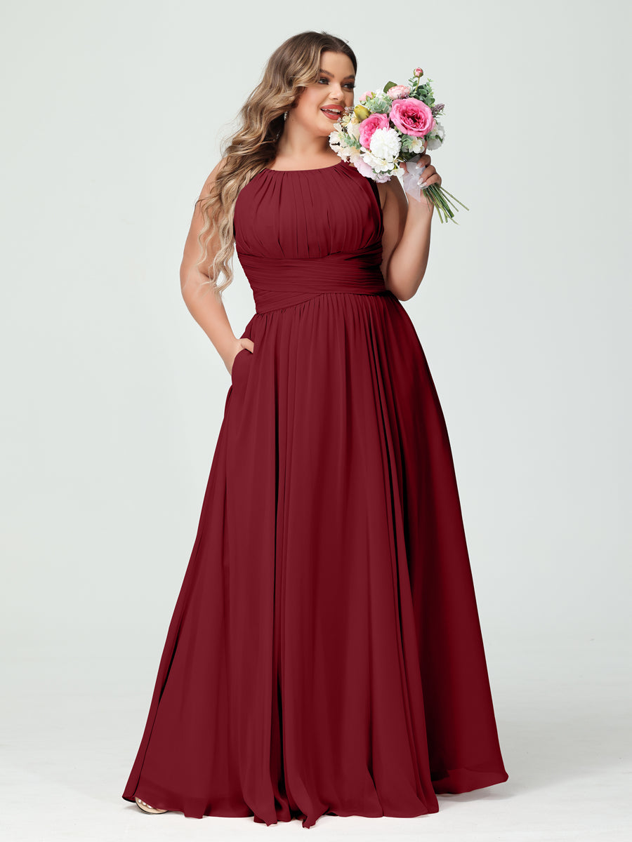A-Line/Princess Spaghetti Straps Sleeveless Chiffon Ruched Plus Size Bridesmaid Dresses with Pockets Wine Red
