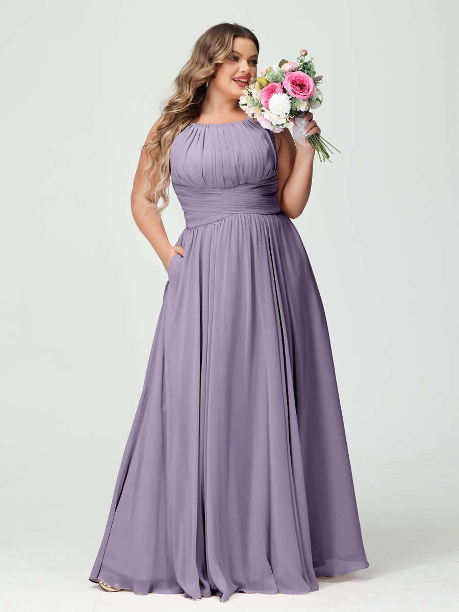 A-Line/Princess Spaghetti Straps Sleeveless Chiffon Ruched Plus Size Bridesmaid Dresses with Pockets Wisteria