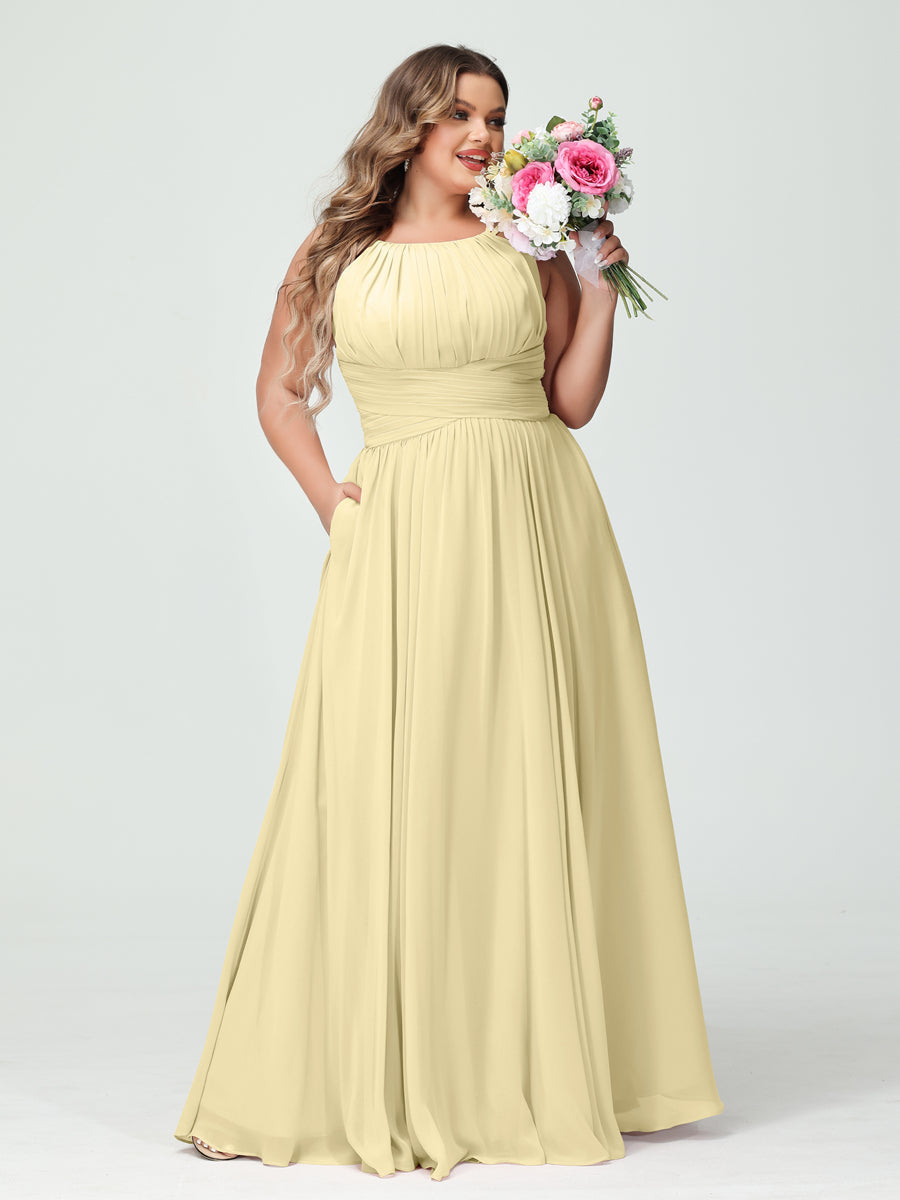 A-Line/Princess Spaghetti Straps Sleeveless Chiffon Ruched Plus Size Bridesmaid Dresses with Pockets Yellow