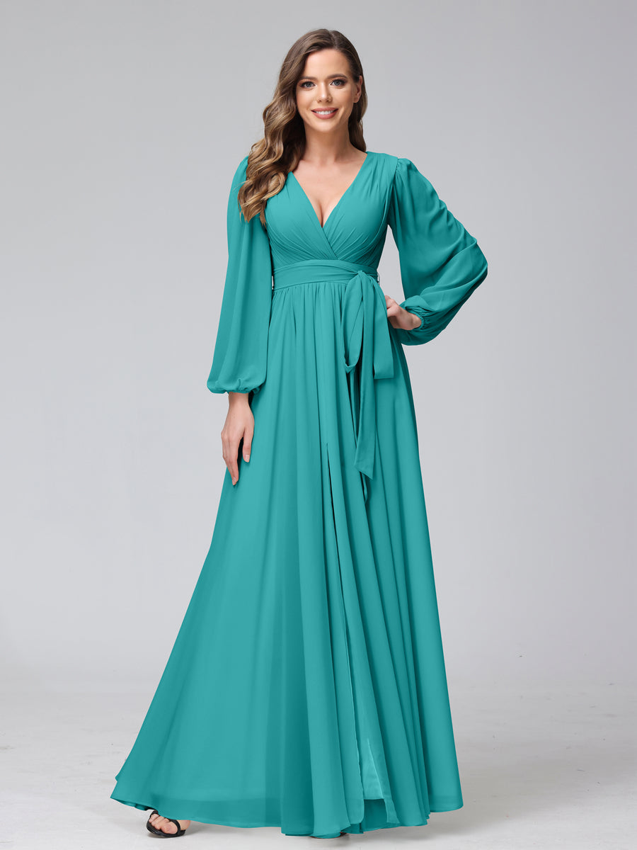 A-Line V-Neck Long Sleeves Chiffon Long Bridesmaid Dresses With Ruffles Split Side Aqua Blue