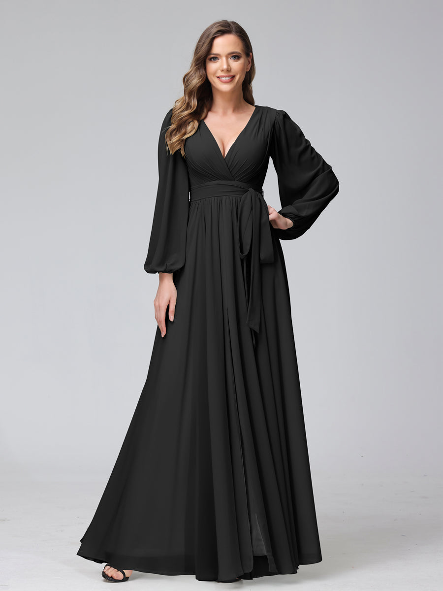 A-Line V-Neck Long Sleeves Chiffon Long Bridesmaid Dresses With Ruffles Split Side Black