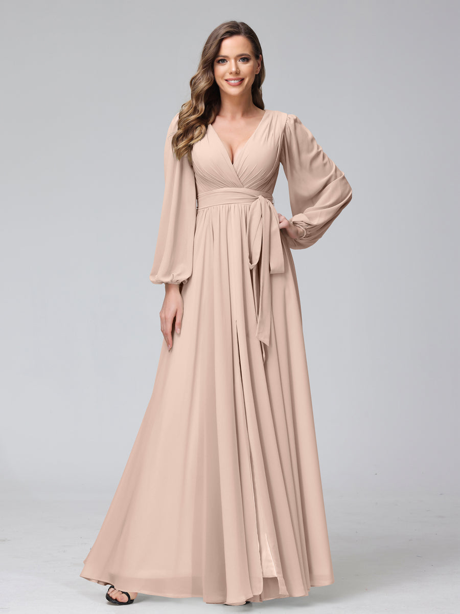 A-Line V-Neck Long Sleeves Chiffon Long Bridesmaid Dresses With Ruffles Split Side Blush Pink