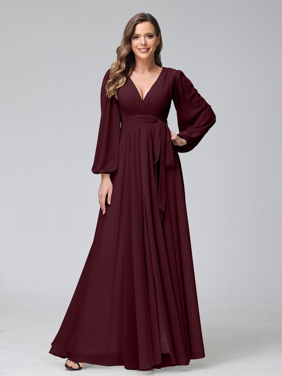 A-Line V-Neck Long Sleeves Chiffon Long Bridesmaid Dresses With Ruffles Split Side Burgundy
